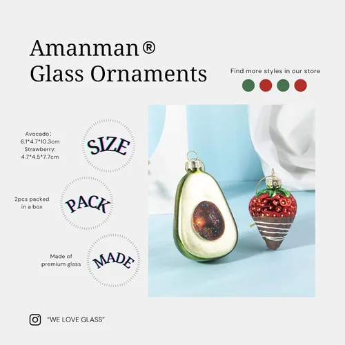 Miniatura 7 de Adornos de Navidad de cristal, paquete de 2 adornos de aguacate y fresa para árboles de Navidad, adornos de vidrio soplado para colección y regalo