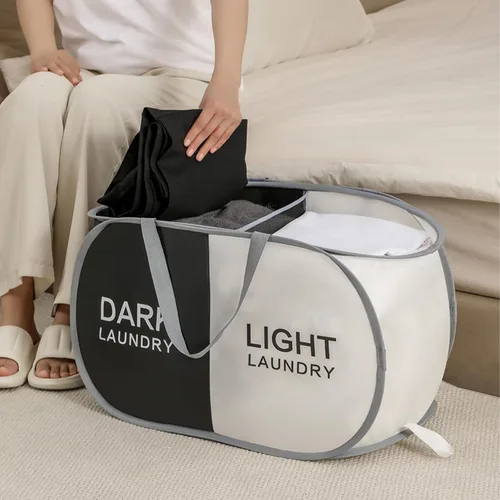 Miniatura 2 de Cesta plegable para la ropa sucia duradera con 2 compartimentos para clasificar y almacenar, cesta portátil para ropa sucia para dormitorio, cuarto