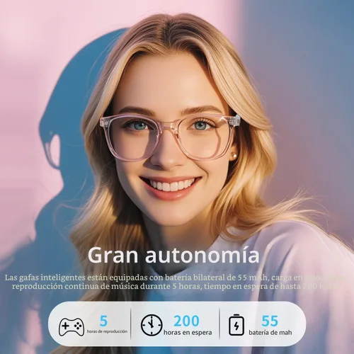 Miniatura 5 de Lentes inteligentes para mujer, lentes filtrantes de luz azul, Bluetooth 5.3, audio y micrófono, tacto inteligente, sonido claro de oído abierto