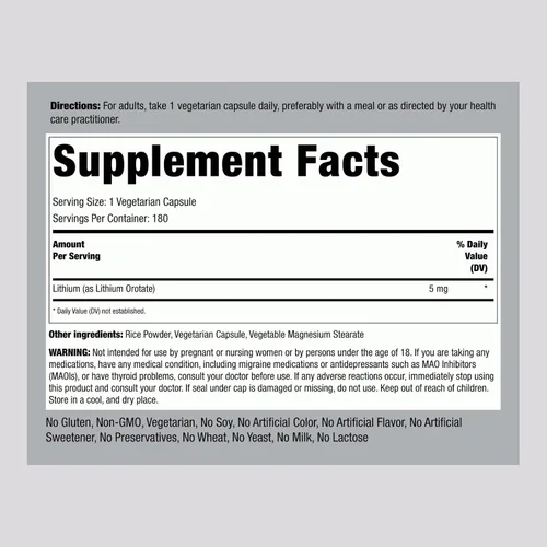 Miniatura 2 de Piping Rock Suplemento de orrotato de litio 5 mg 180 cápsulas Sin OMG, vegetariano, sin gluten