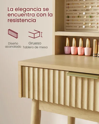 Miniatura 6 de VASAGLE Colección MAXE - Escritorio de tocador con espejo deslizante y luces, tocador de maquillaje estilo Mid Century Modern estriado con espejo