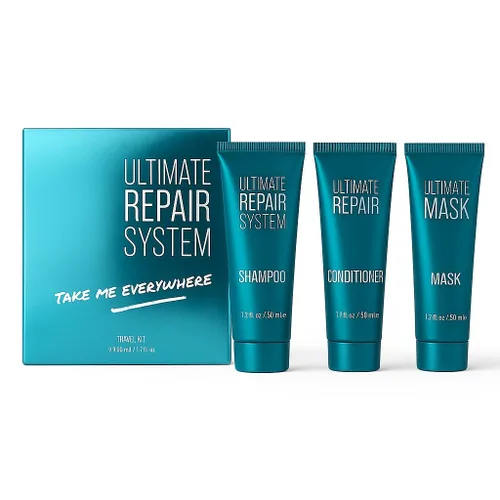 Hair Bar NYC - Kit de viaje Ultimate Hair Repair System - Rejuvenece el cabello seco dañado y el cabello tratado con color, infundido con queratina