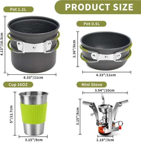 Miniatura 2 de aiGear Juego de 8 utensilios de cocina para acampar, juego de ollas y sartenes con mini estufa de mochilero, taza de acero inoxidable, soporte