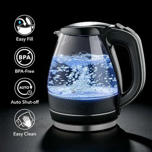 Miniatura 3 de OVENTE Hervidor eléctrico de 1.5L, calentador de agua de vidrio de borosilicato para encimera y hervidor para café o té, libre de BPA, apagado Negro