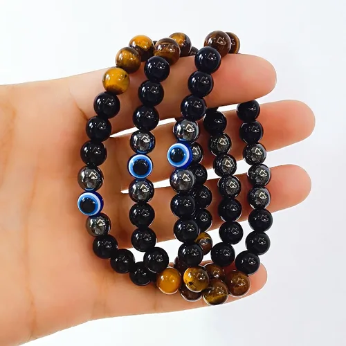 Miniatura 81 de Pulseras de triple protección con piedra de ojo de tigre de obsidiana negra con hematita para hombres y mujeres, pulsera de piedra curativa