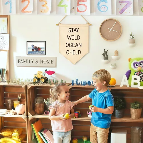 Miniatura 3 de Banderín Colgante de Lona "Stay Wild Ocean Child" - Bandera Decorativa para Pared, Regalo para Guardería, Bebé, Niños, Niño, Niña, Recién Nacido