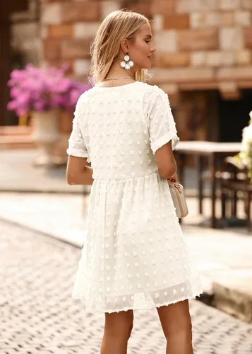 Miniatura 5 de KIRUNDO Vestido corto de manga corta de verano para mujer, vestido casual, suelto y con un cuello en V sexy, vestido holgado de punto suizo