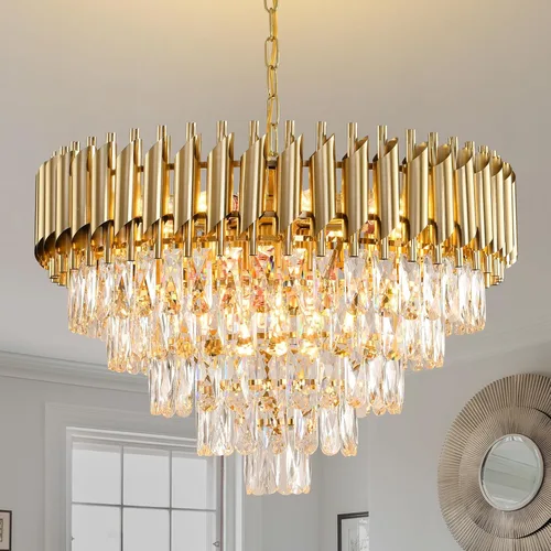 Miniatura 11 de Candelabro de cristal moderno dorado de 5 niveles para sala de estar, lámpara de araña grande de cristal negro, lámpara colgante de techo
