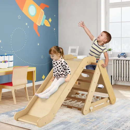 Miniatura 7 de Costzon Juguete de escalada 4 en 1 para niños pequeños, trepador de triángulo de madera Montessori de 3 lados con rampa deslizante, red de escalada
