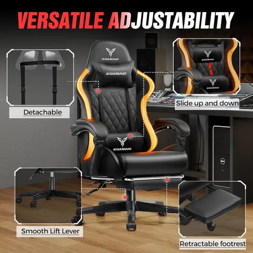 Miniatura 7 de EXRACING Silla de juegos con reposapiés ergonómica de cuero sintético con respaldo alto y luces LED RGB, reposabrazos de enlace y reposacabezas