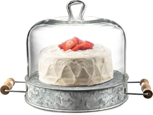 Miniatura 3 de Royalty Art Plato rústico para pastel con cúpula de cristal, plato rústico para cocina y comedor con asas de transporte, base de acero galvanizado