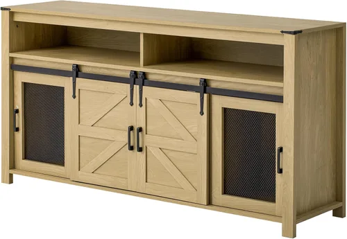 Knocbel Sideboard with Sliding Barn Door and Mesh Panels, Farmhouse Buffet with Open Storage Cabinet for Living Room Kitchen Dining Room, 59.3" W x