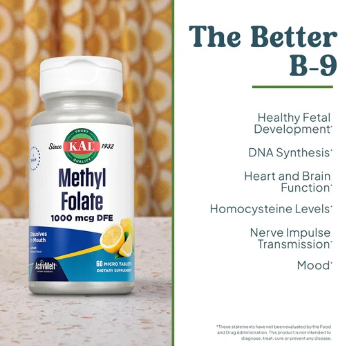 Miniatura 3 de KAL Folato de metilo 1000 mcg - Forma activa de 5-MTHF, suplemento de ácido fólico para mujeres y hombres, salud cardíaca, prenatal, apoyo cerebral