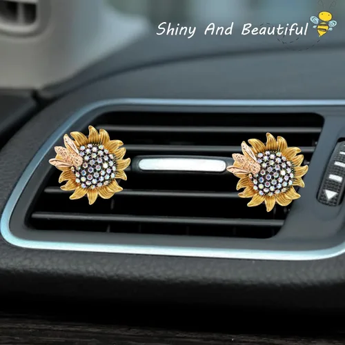 Miniatura 2 de ORIESSE Accesorios para auto con girasol, clips móviles de abeja y flor para ambientador de aire del coche, decoraciones brillantes para ventilación