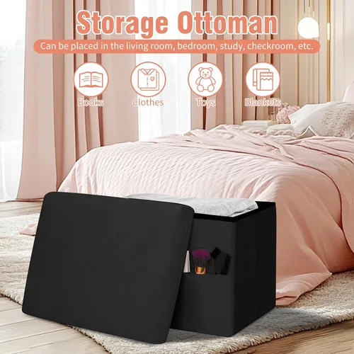 Miniatura 4 de Otomana pequeña con almacenamiento, taburete plegable con asiento acolchado más grueso, banco otomano de almacenamiento de piel suave para Negro