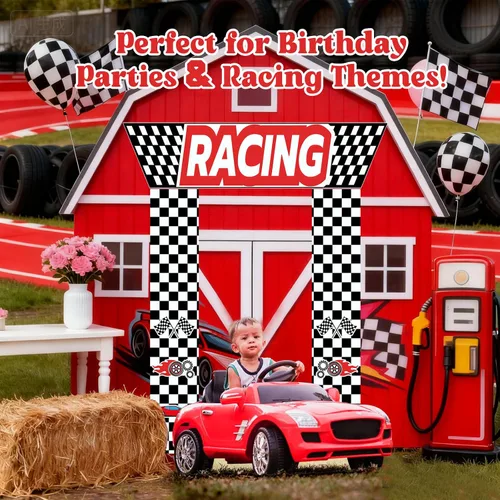 Miniatura 5 de Decoraciones para fiestas de autos de carreras, 3 piezas con temática de carreras, banderas a cuadros, para colgar en cabina de fotos de cumpleaños