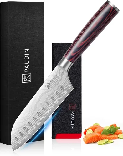 PAUDIN - Cuchillo Santoku, cuchillo de chef de 5 pulgadas, cuchillo de cocina ultra afilado, cuchillo de chef japonés con funda, acero inoxidable de