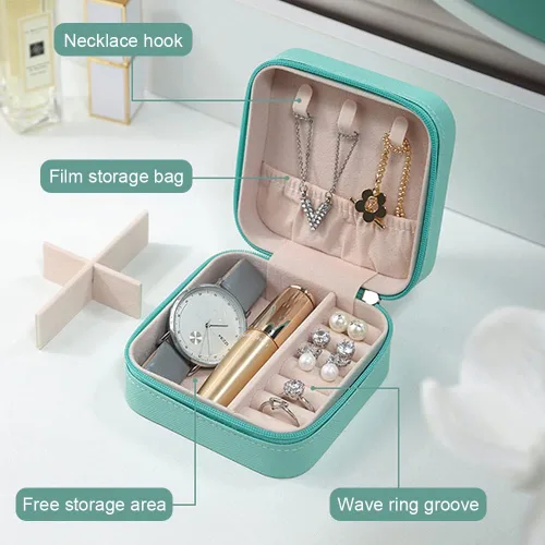 Miniatura 2 de FOME Joyero pequeño, organizador portátil de piel sintética, mini estuche de almacenamiento de joyas de viaje para anillos, aretes, collares