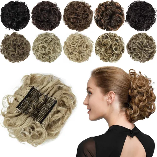 Miniatura 9 de Rose bud Postizo de Moño Rizado Extensiones de Moño Coletero Peinado Recogido Peinetas Sintéticas en Postizo de Moño Desordenado para Mujeres Marrón