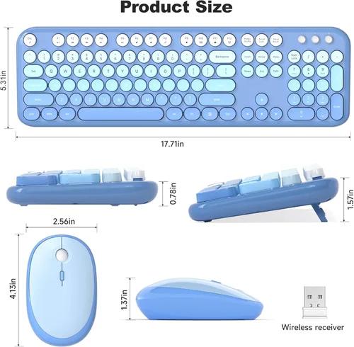 Miniatura 66 de KNOWSQT Combo de teclado y ratón inalámbrico, teclados lindos de tamaño completo estilo máquina de escribir 2.4G azul colorido - receptor USB Plug