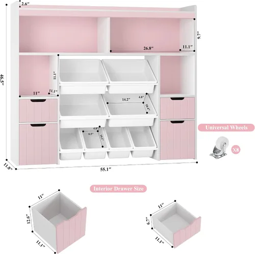 Miniatura 3 de HORSTORS Organizador de almacenamiento de juguetes de 55 pulgadas de ancho con cajones, caja grande de almacenamiento de juguetes para niños con Rosa