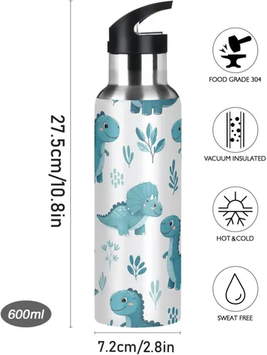 Miniatura 9 de Cute Dinosaur Blue Insulated Stainless Steel Water Bottle with Straw 20 Oz Leakproof Water Bottles, BPA-Free Sports Water Bottle with Straw