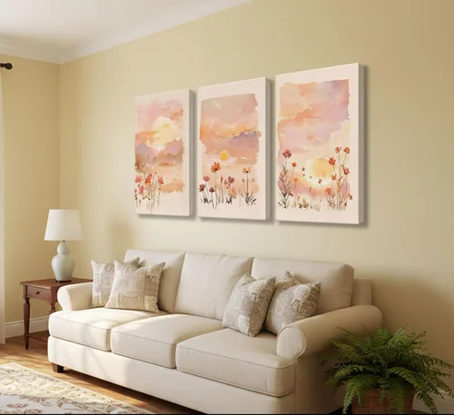 Miniatura 5 de 3 piezas de lienzo de amanecer para pared, flores silvestres rosas rubor, flores silvestres florales y naranjas, acuarela, pinturas de paisaje