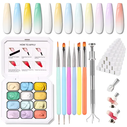 Miniatura 15 de Paleta de Esmalte de Uñas en Gel Sponge Pat, 12 Colores Mezcla Degradado Ombré Gel Polish Pintura Degradada Arte de Uñas, Sin Limpiar, Curado UV/LED