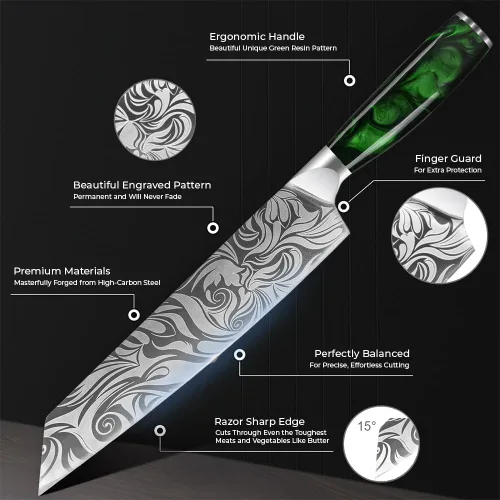 Miniatura 4 de SENKEN - Cuchillo japonés Kiritsuke de 9 pulgadas con asas de resina verde esmeralda, cuchillo de chef japonés grabado para el hogar, cocina