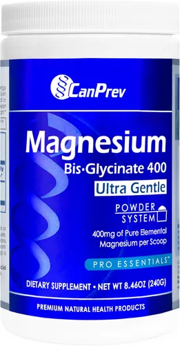 CanPrev Bisglicinato de magnesio 400 polvo ultra suave 8.47 oz, 48 porciones, 400 mg de magnesio elemental por cucharada, soporta noches