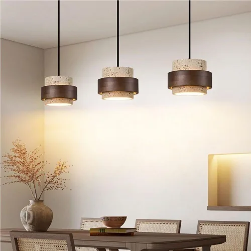 Miniatura 2 de Retro Solid Wood Hanging Lamp Nordic Cylinder Yellow Travertine Chandeliers Modern Small Bedroom Bedside Pendant Lights for Living Room Study