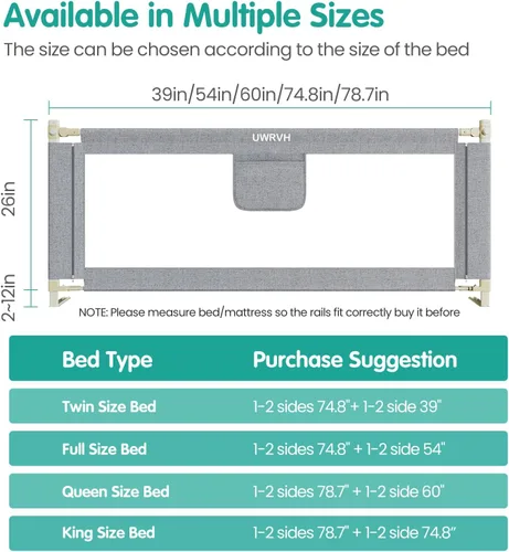 Miniatura 3 de Barandillas de cama UWRVH para niños pequeños, rieles de cama para niños pequeños, riel de cama para bebé - Protector de altura ajustable