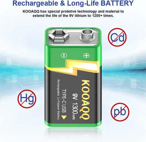 Miniatura 7 de Baterías recargables de 9 V, batería de litio de 1300 mAh de 9 voltios para alarmas de humo, micrófonos, walkie-talkie, juguetes, etc., recarga