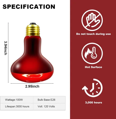 Miniatura 6 de MIXJOY Bombillas de calor infrarrojo de 100W, paquete de 2, focos de calor infrarrojo para reptiles, foco rojo de calor infrarrojo para reptiles