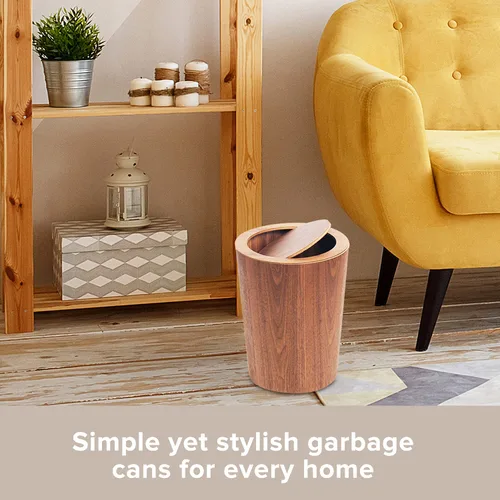 Miniatura 3 de Moderno bote de basura redondo con tapa, cesta de basura de grano de madera en nogal, 9.25 x 7.5 x 11.8 pulgadas, cubo de basura pequeño decorativo