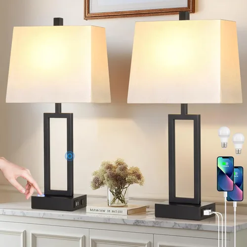 Miniatura 12 de Rinweey Juego de 2 lámparas de mesa de 23.5 pulgadas, modernas lámparas de noche negras con 2 puertos USB y salida de CA, lámparas de mesita