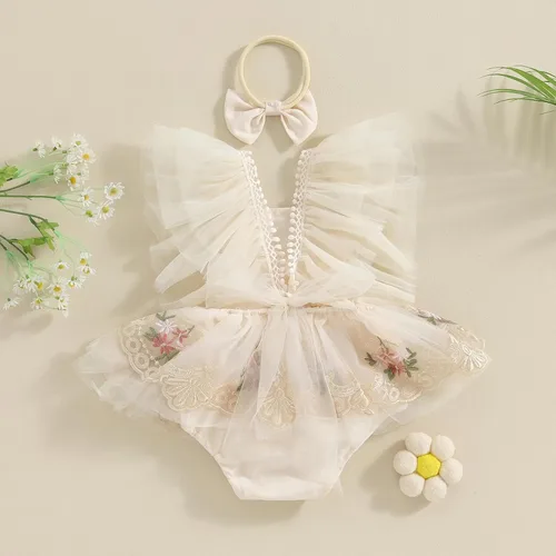 Miniatura 14 de Sasaerucure Traje de verano para bebé niña, sin mangas, mameluco de encaje tutú, mameluco de una pieza con volantes