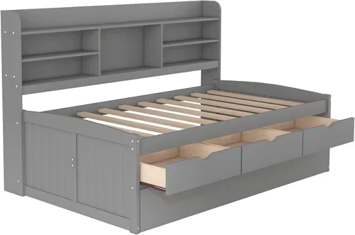 Miniatura 6 de Sofá cama versátil con 3 cajones de almacenamiento y nido, cama capitán de madera de tamaño individual con estantes integrados para sala de estar