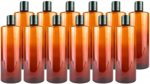 Miniatura 12 de Botellas de plástico ámbar (paquete de 12) – Botella de plástico ámbar de 1 onza con tapas de rosca; se utiliza como champú reutilizable, loción