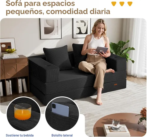 Miniatura 3 de COMAX Sofá cama futón, sofá cama convertible 4 en 1, sofás plegables sin hueso para sala de estar, plegable pequeño sofá biplaza plegable en el Negro