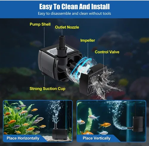 Miniatura 5 de Bomba de agua sumergible de 105 GPH con cable de alimentación de 4.76 pies y 2 boquillas, 5 W, ultra silenciosa, mini bomba de agua para acuario