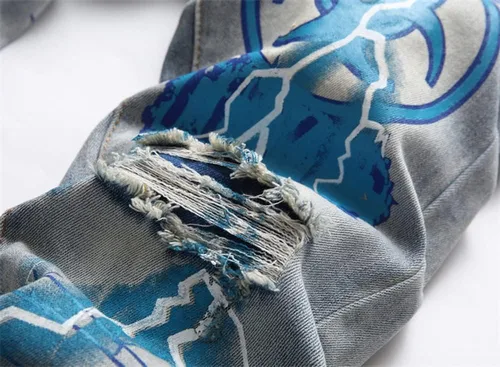 Miniatura 5 de Jeans de graffiti hip hop para hombre, rasgados, ajustados, desgastados, desgastados, ajustados, elásticos, con estampado casual