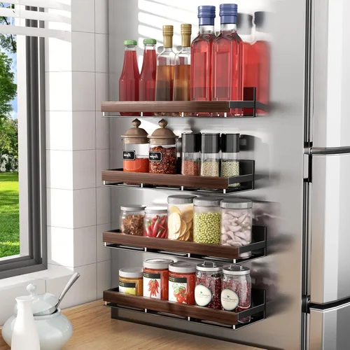 Miniatura 7 de Organizador magnético de especias de nogal para refrigerador, soporte de pared, estante de especias magnético para refrigerador, organizador