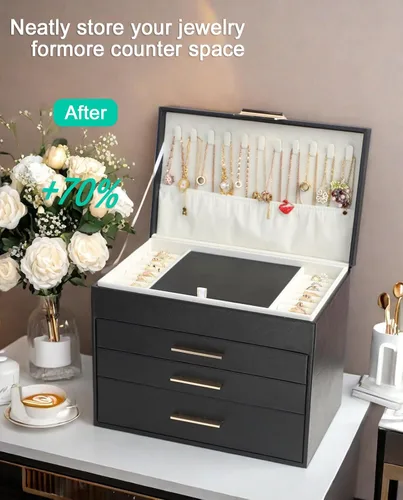Miniatura 6 de Caja de joyería BOOVO para mujeres, organizador de joyas de 5 capas con colgador para collares y cajones, caja grande de joyería para aretes