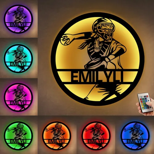 Miniatura 15 de Letrero de metal personalizado para jugador de sóftbol con luz LED, nombre y número personalizado, arte de pared de sóftbol, letrero de neón