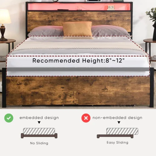 Miniatura 6 de Base de cama de tamaño matrimonial con cajones de almacenamiento y 3 puertos USB, base de cama LED matrimonial con cabecero, plataforma de metal sin