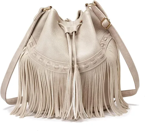 Bolsos de cuero para mujer, bolsos cruzados con cordón para mujer, borla y bolsos de hombro