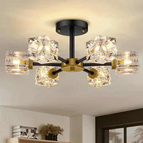 Candelabro Negro Moderno, Lámpara de Techo Semi Empotrada de Cristal de 6 Luces, Fixture de Luz de Techo, Lámpara Colgante de Cocina Estilo Granja