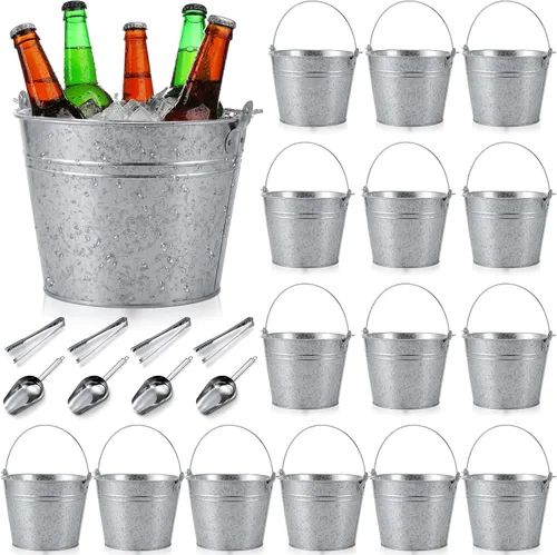 Miniatura 13 de Zopeal Juego de 24 cubos de cerveza galvanizados, 16 cubos de metal con 4 cucharadas y 4 pinzas, cubo de hielo rústico de 7 pulgadas para fiestas