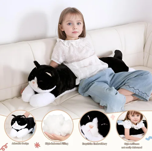 Miniatura 3 de Juguete de peluche grande de 32 pulgadas, almohada grande de peluche de gato largo y grande, regalo de peluche de gatito blanco y negro para niños